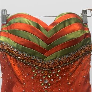 Jasz Couture Elegant Orange and Green Strapless Dress NEW with tags